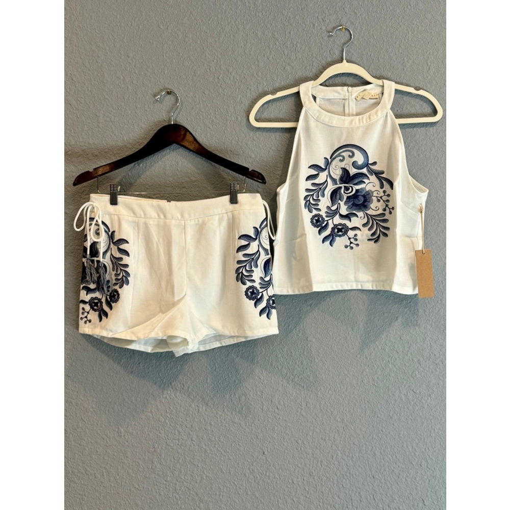 Floral Embroidered Crop Top - White and Blue